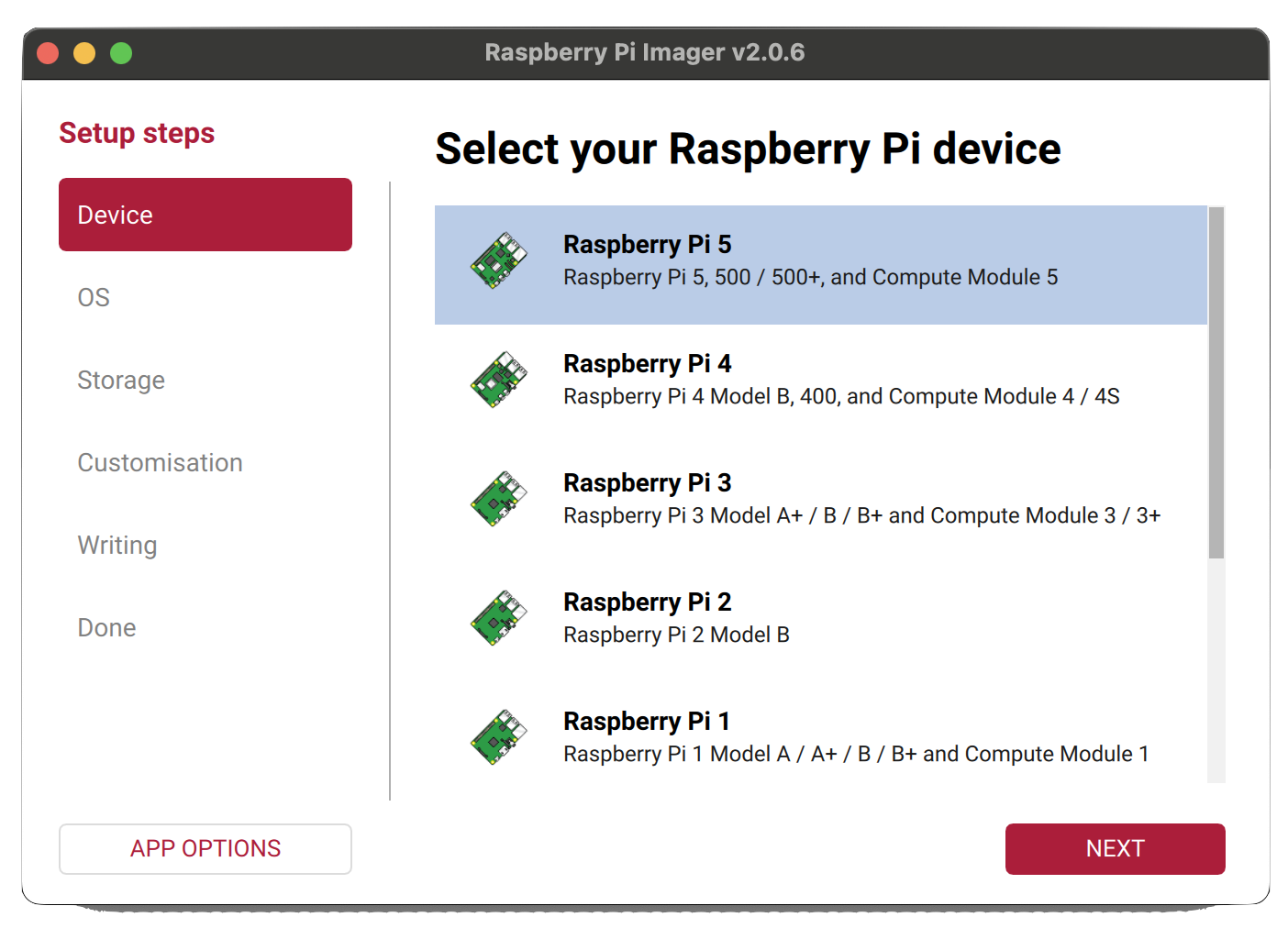 Raspberry Pi Imager - select device