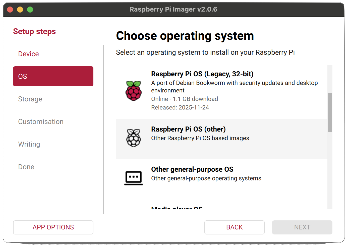 Raspberry Pi Imager - click Raspberry Pi OS (other)