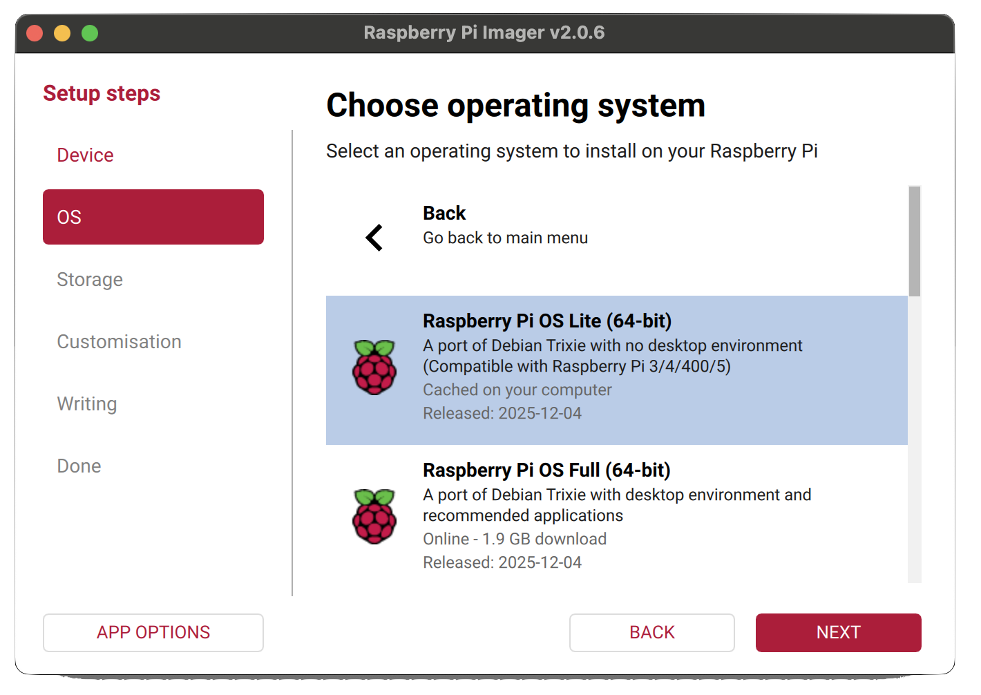 Raspberry Pi Imager - select Raspberry Pi OS Lite 64-bit