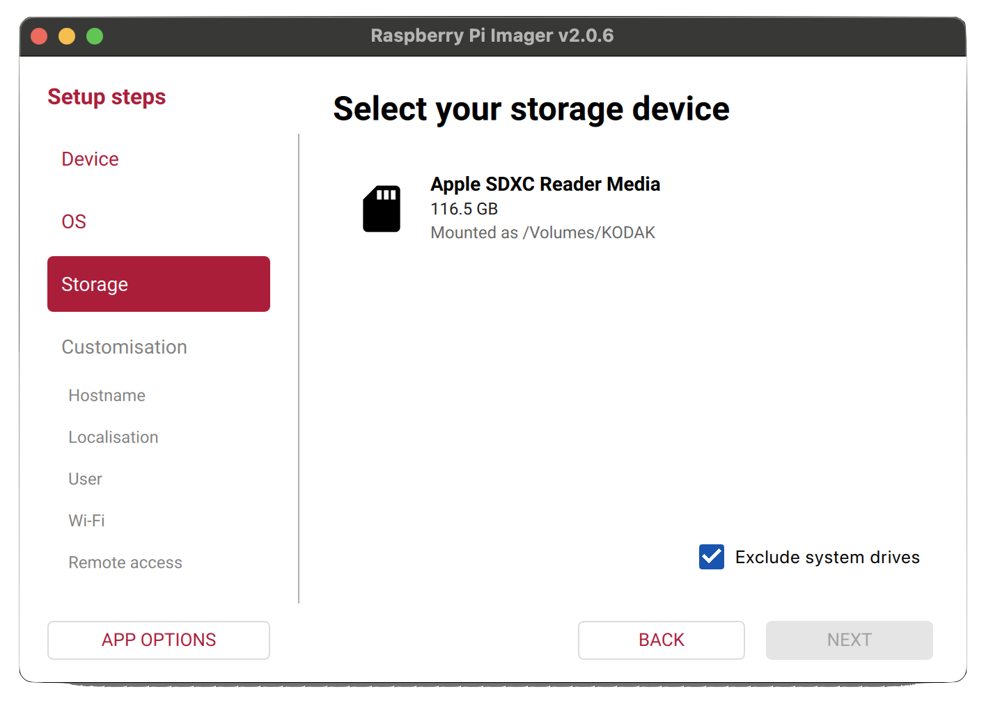Raspberry Pi Imager - select storage device