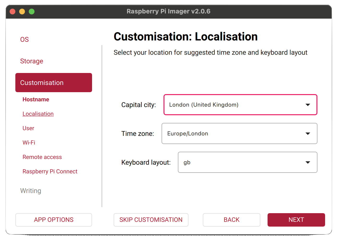 Raspberry Pi Imager - localisation settings