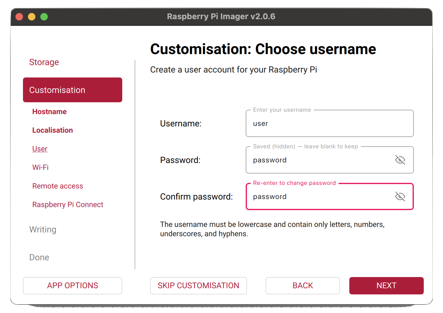 Raspberry Pi Imager - set username and password
